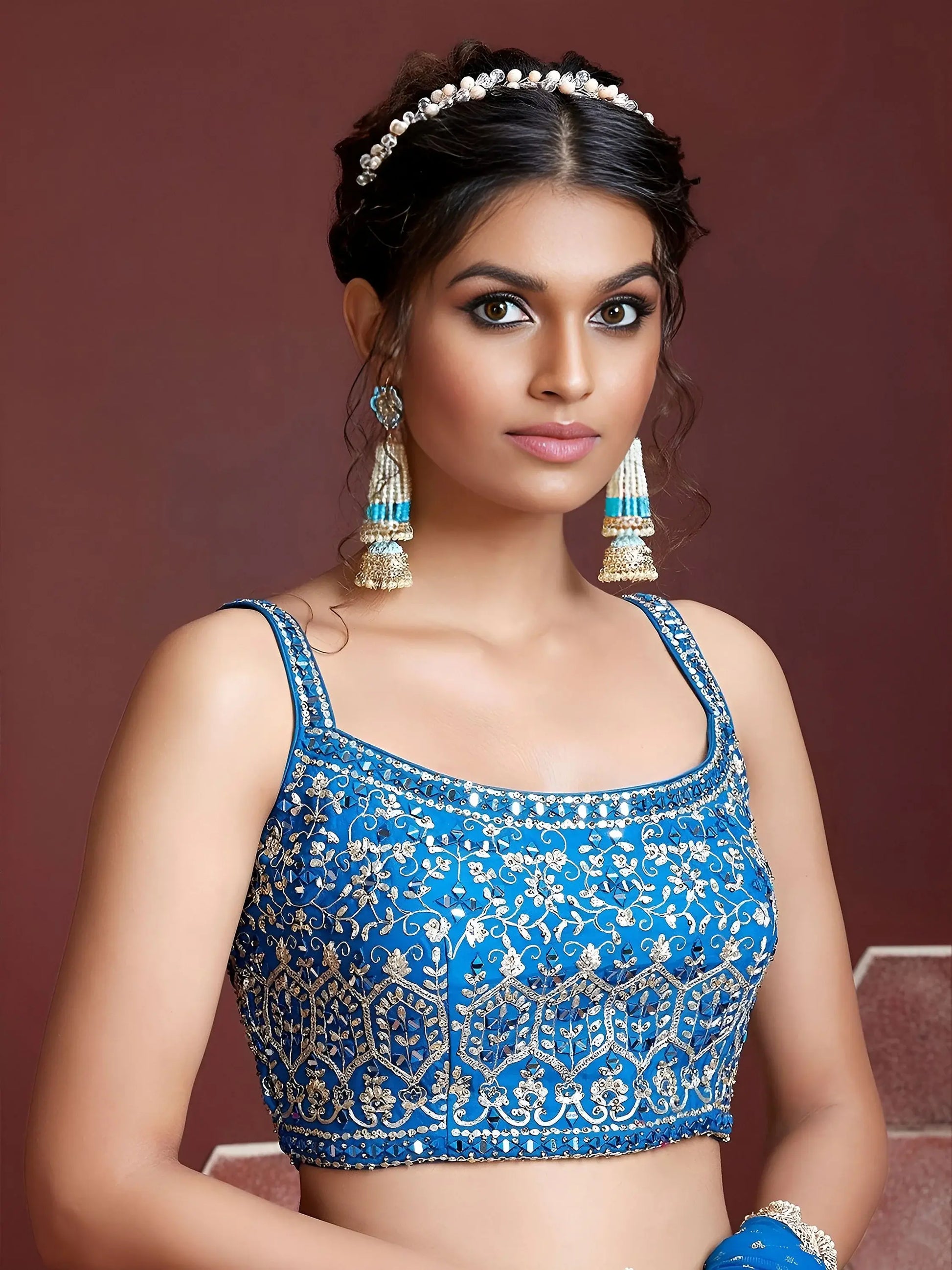 Elegant Sky Blue Fancy Printed Chinon Silk Lehenga Choli With Dupatta
