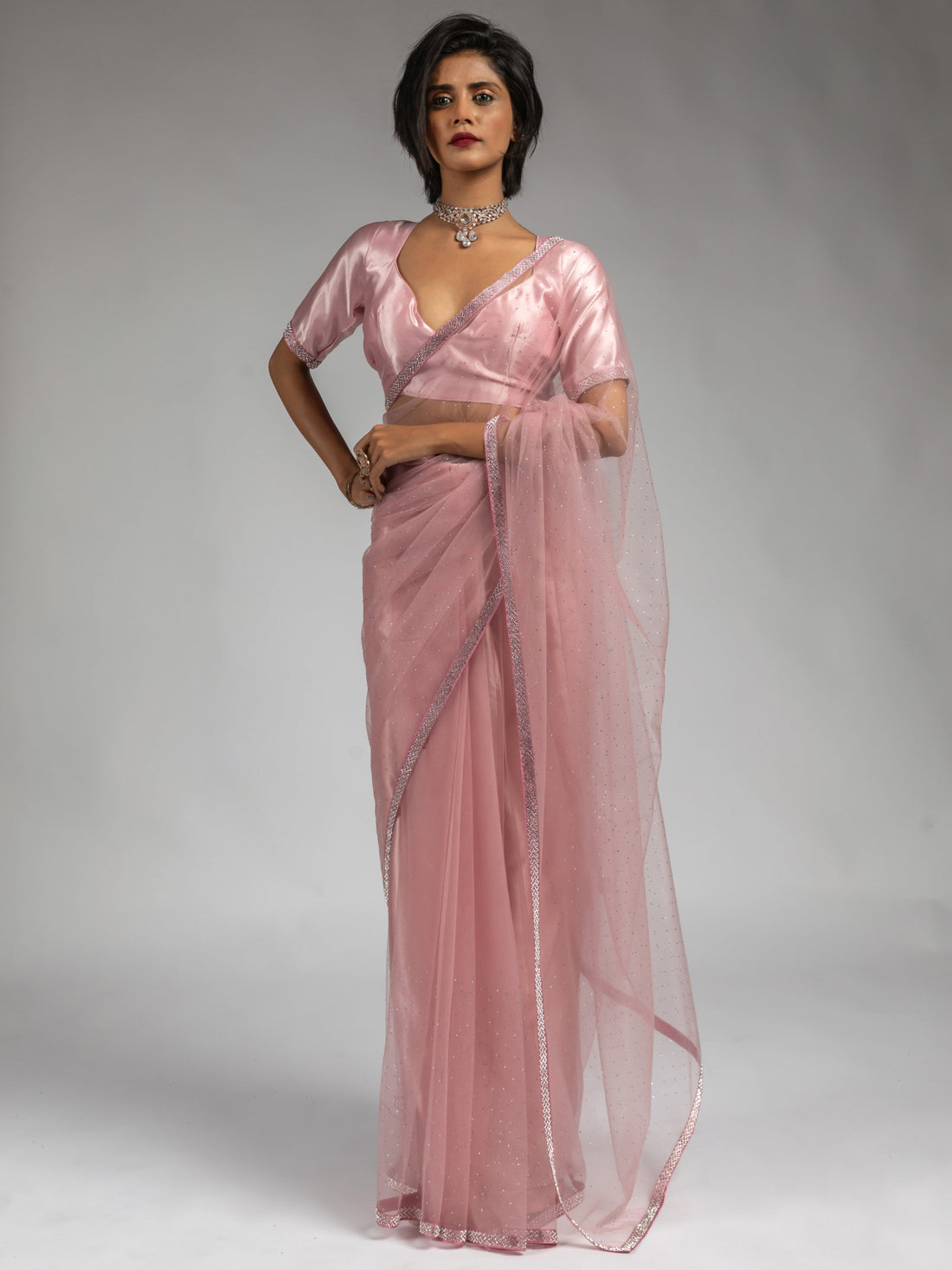 Pretty Baby Pink Lace Bordered Net Party Wear Pre-Stitched Saree With Blouse