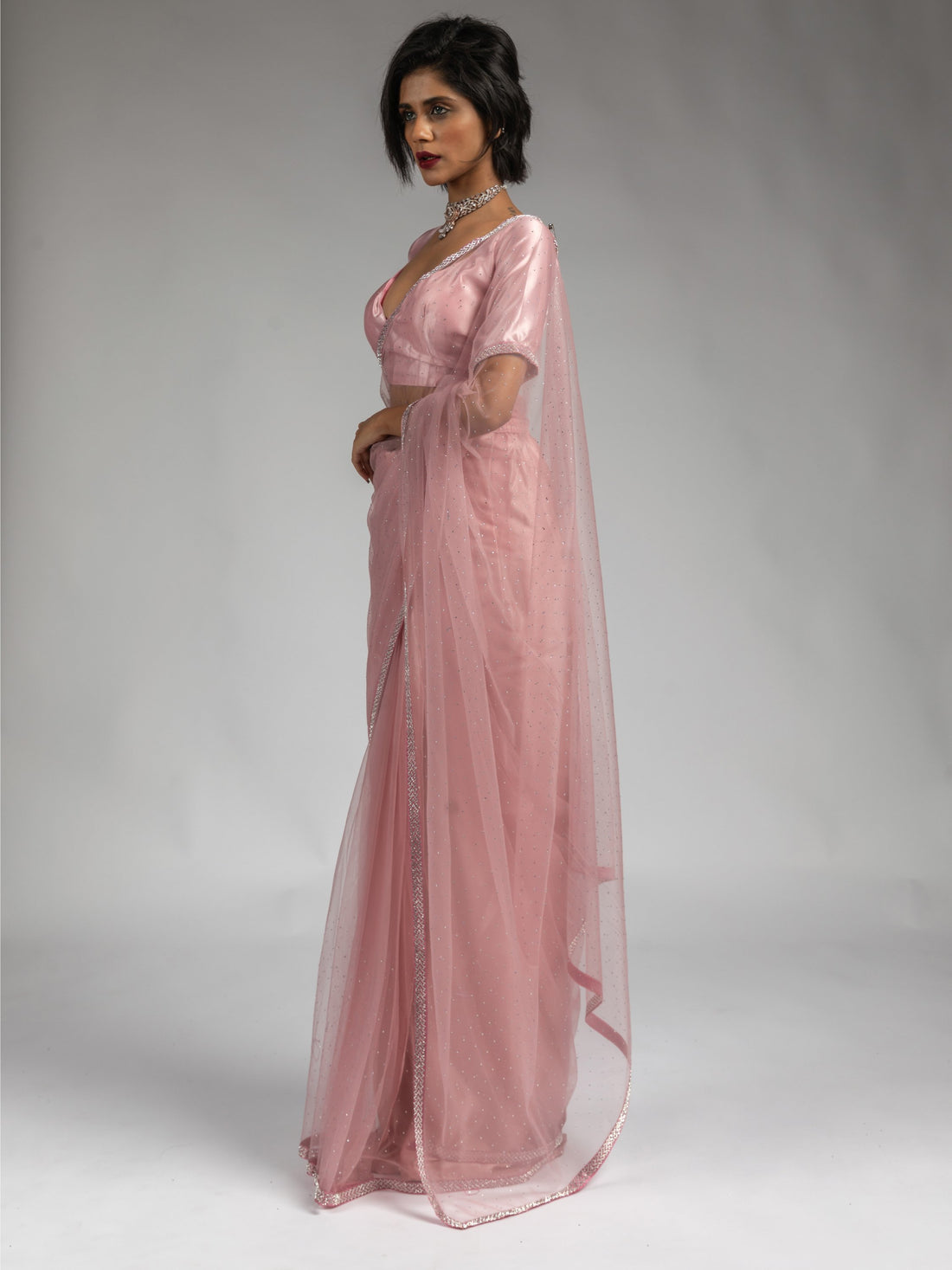 Pretty Baby Pink Lace Bordered Net Party Wear Pre-Stitched Saree With Blouse