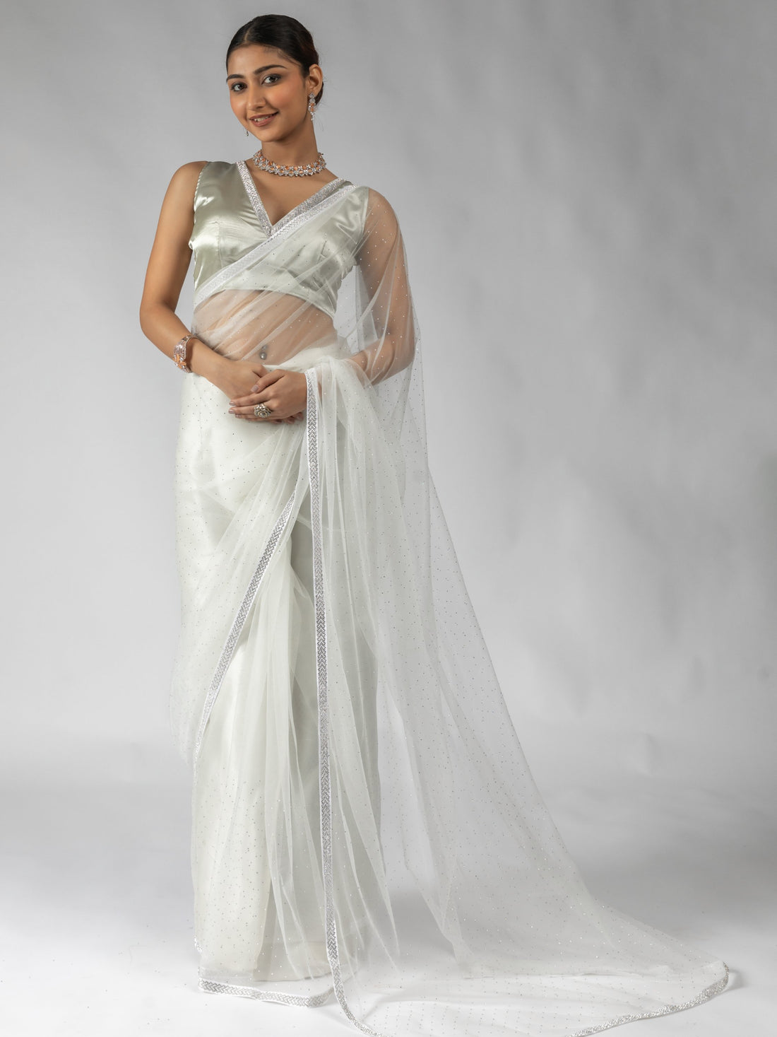 Beautiful White Lace Bordered Net Designer Pre-Stitched Saree