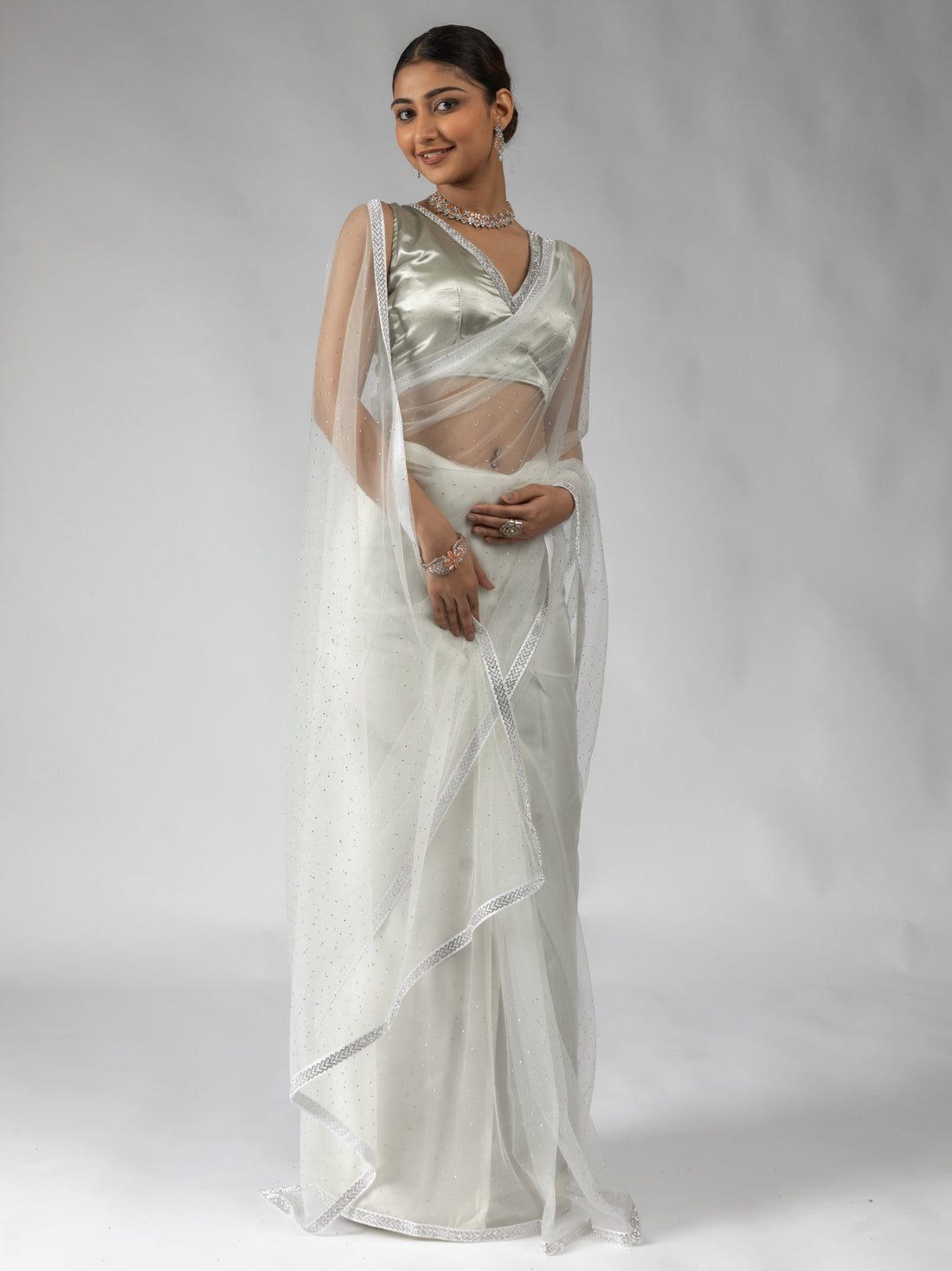 Beautiful White Lace Bordered Net Designer Pre-Stitched Saree