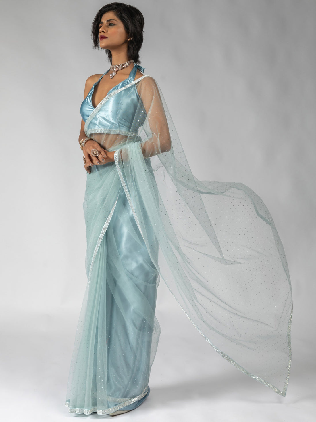 Attractive Sky-Blue Diamond Work Net Festive Wear Pre-Stitched Saree