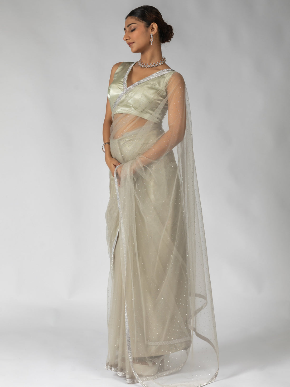 Amazing Beige Diamond Work Net Designer Pre-Stitched Saree With Blouse