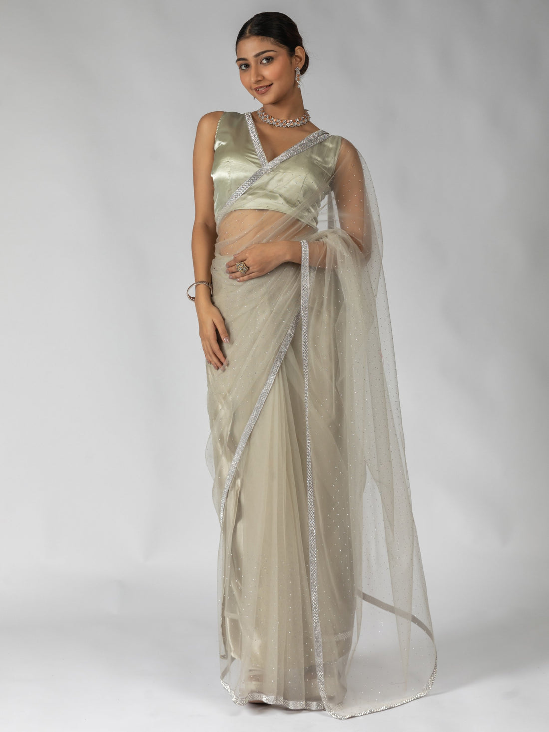 Amazing Beige Diamond Work Net Designer Pre-Stitched Saree With Blouse