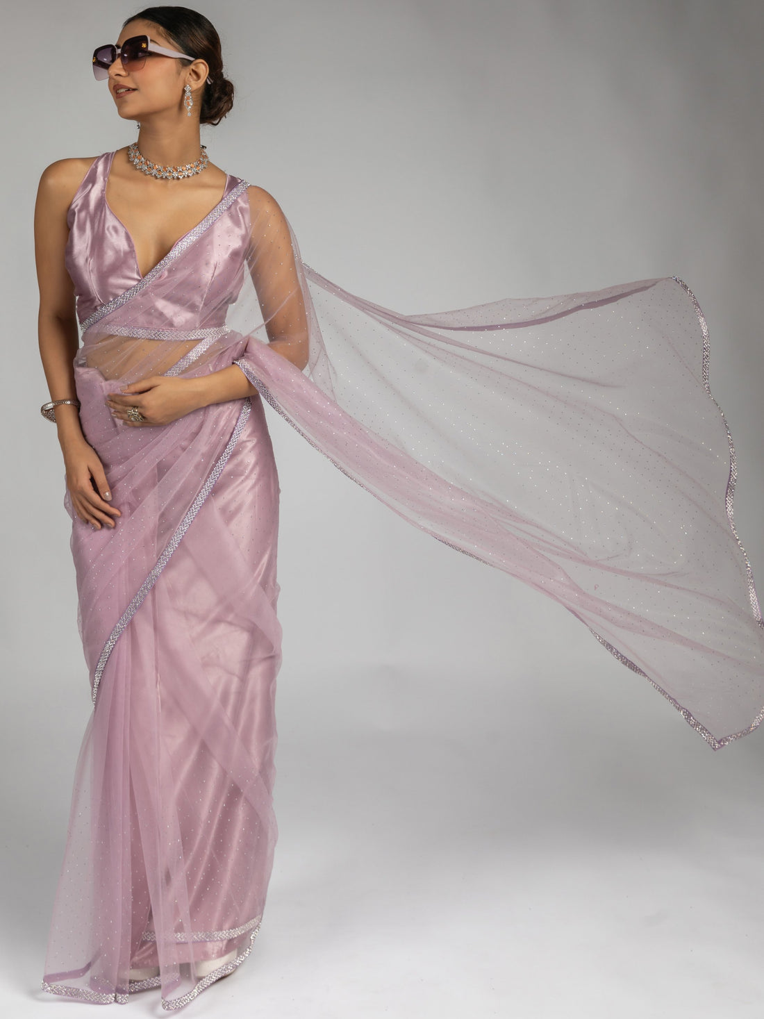 Stunning Light Purple Lace Bordered Net Reception Wear Pre-Stitched Saree