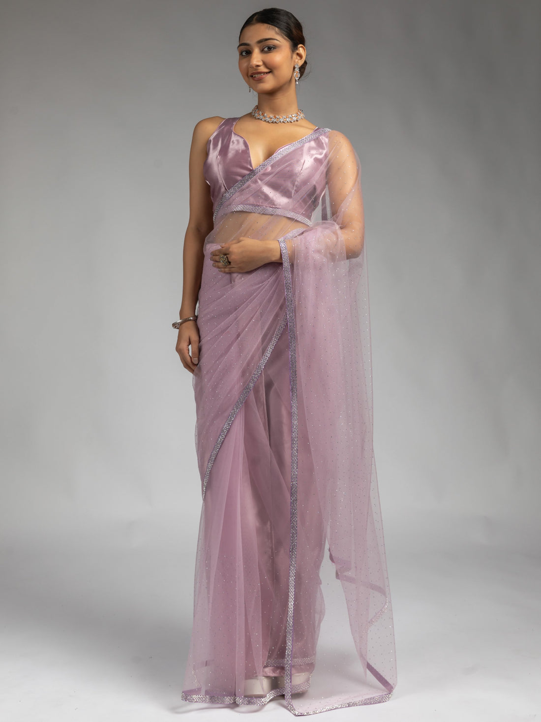 Stunning Light Purple Lace Bordered Net Reception Wear Pre-Stitched Saree