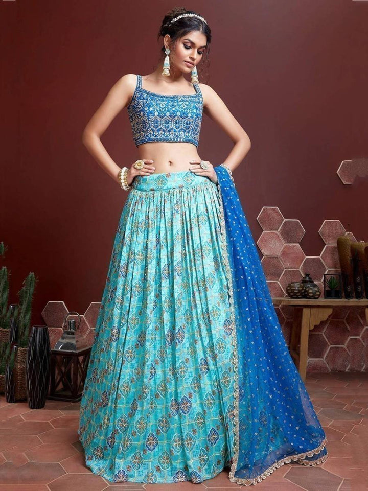 Elegant Sky Blue Fancy Printed Chinon Silk Lehenga Choli With Dupatta