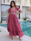 Outstanding Dusty Pink Floral Embroidery Chanderi Party Wear Gown