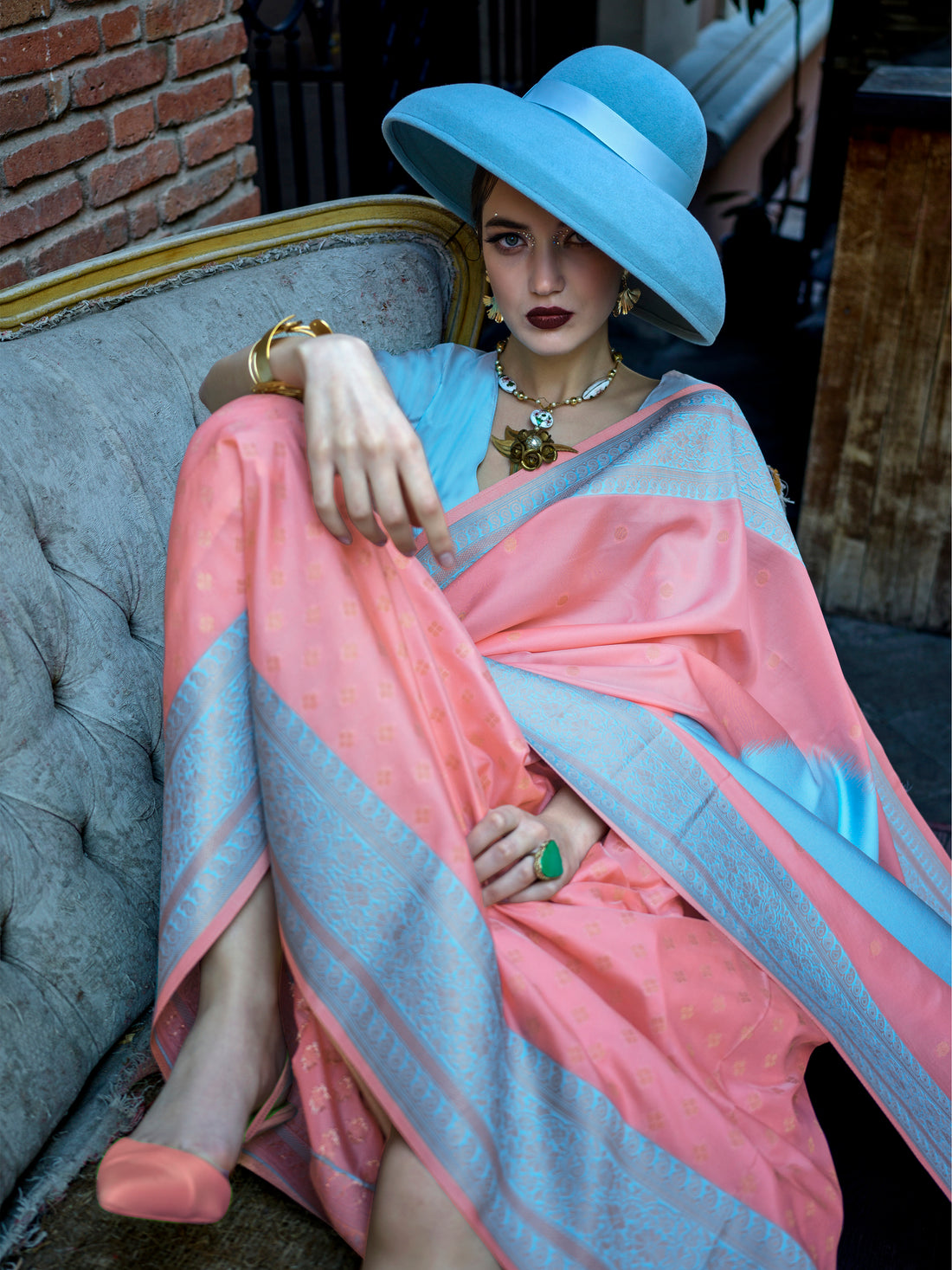 Astonishing Peach Zari Weaving Silk Festival Wear Saree With Blouse