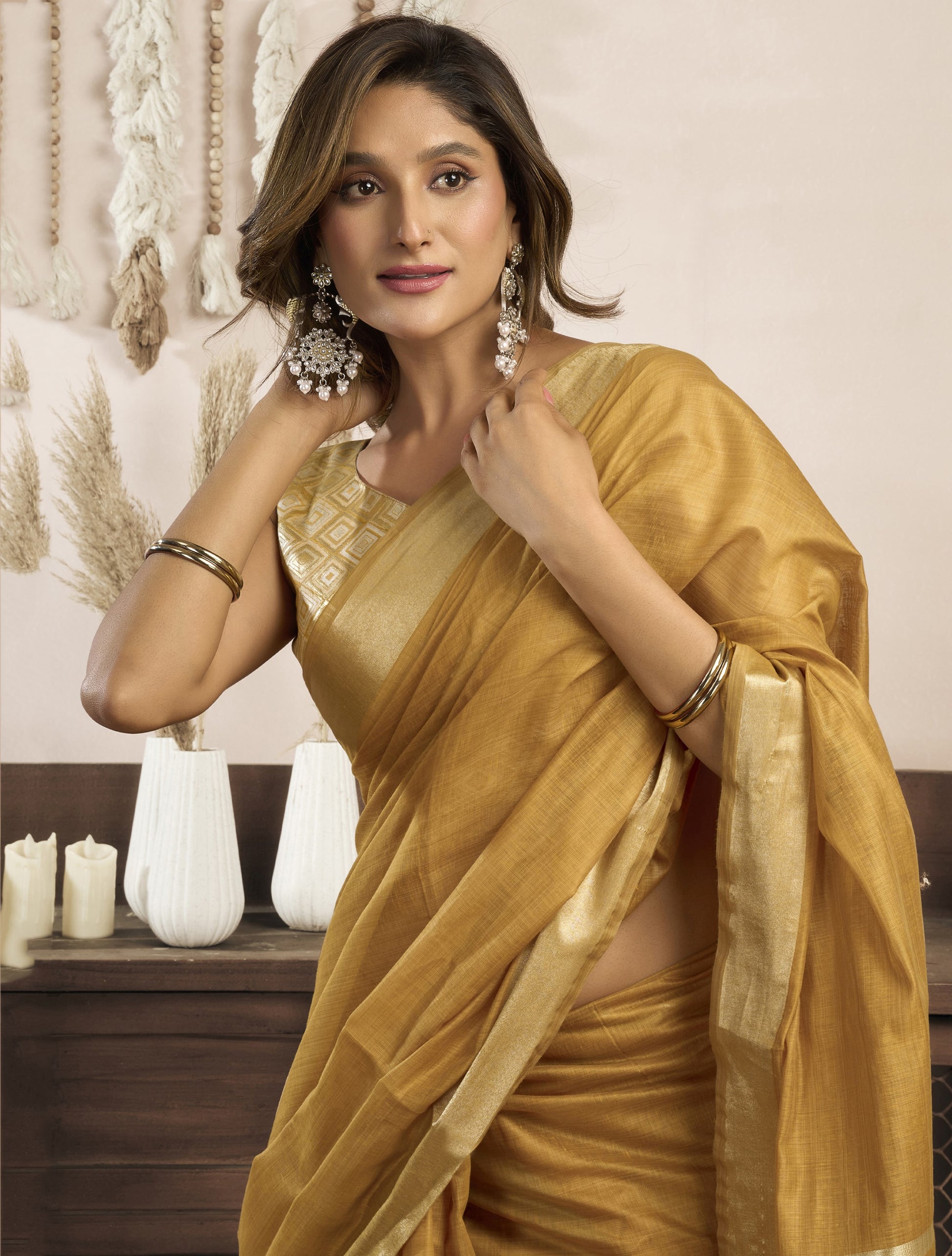 Adorable Mustard Yellow Zari Weaving Khadi Office Wear Saree With Blouse