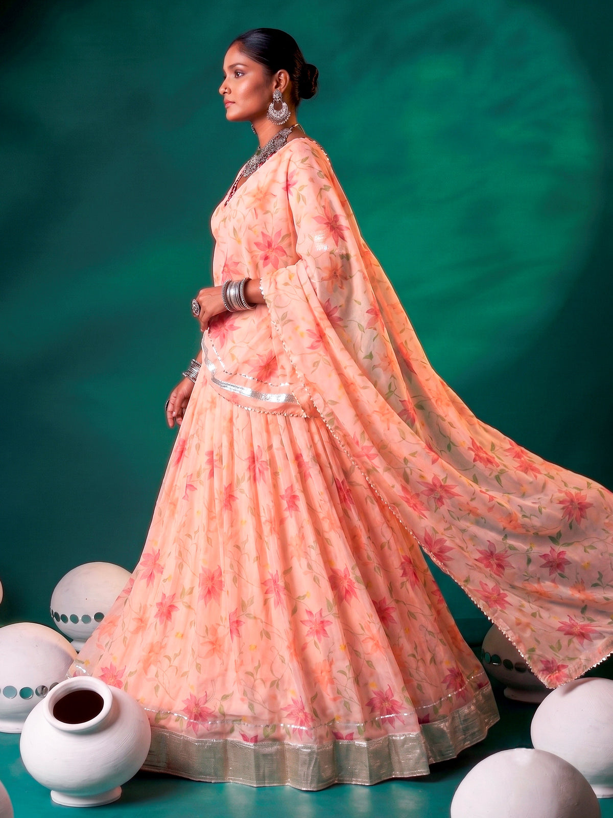 Elegant Peach Floral Printed Silk Event Wear Lehenga Choli