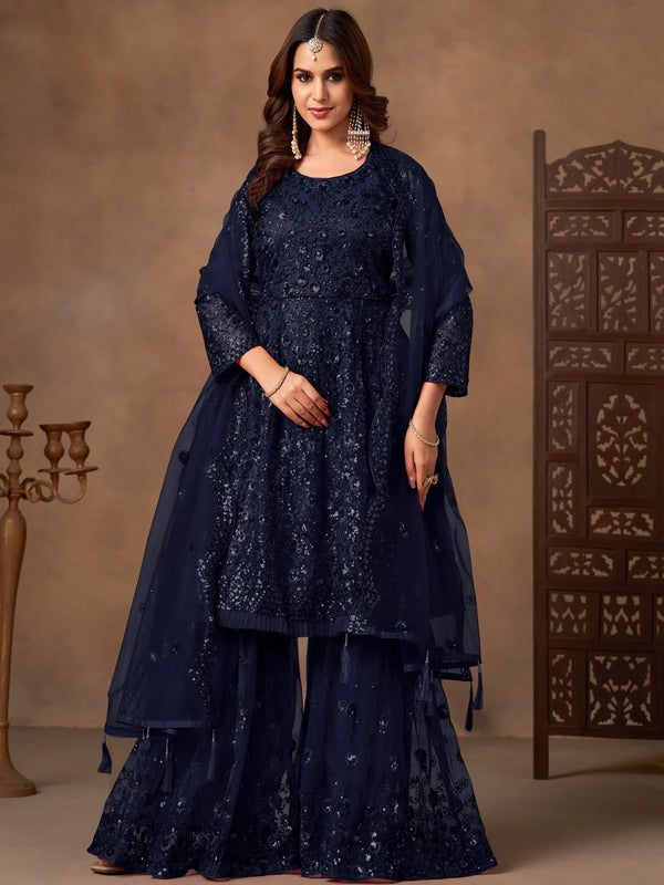 Glamorous Navy Blue Sequins Work Net Festive Wear Sharara Suit