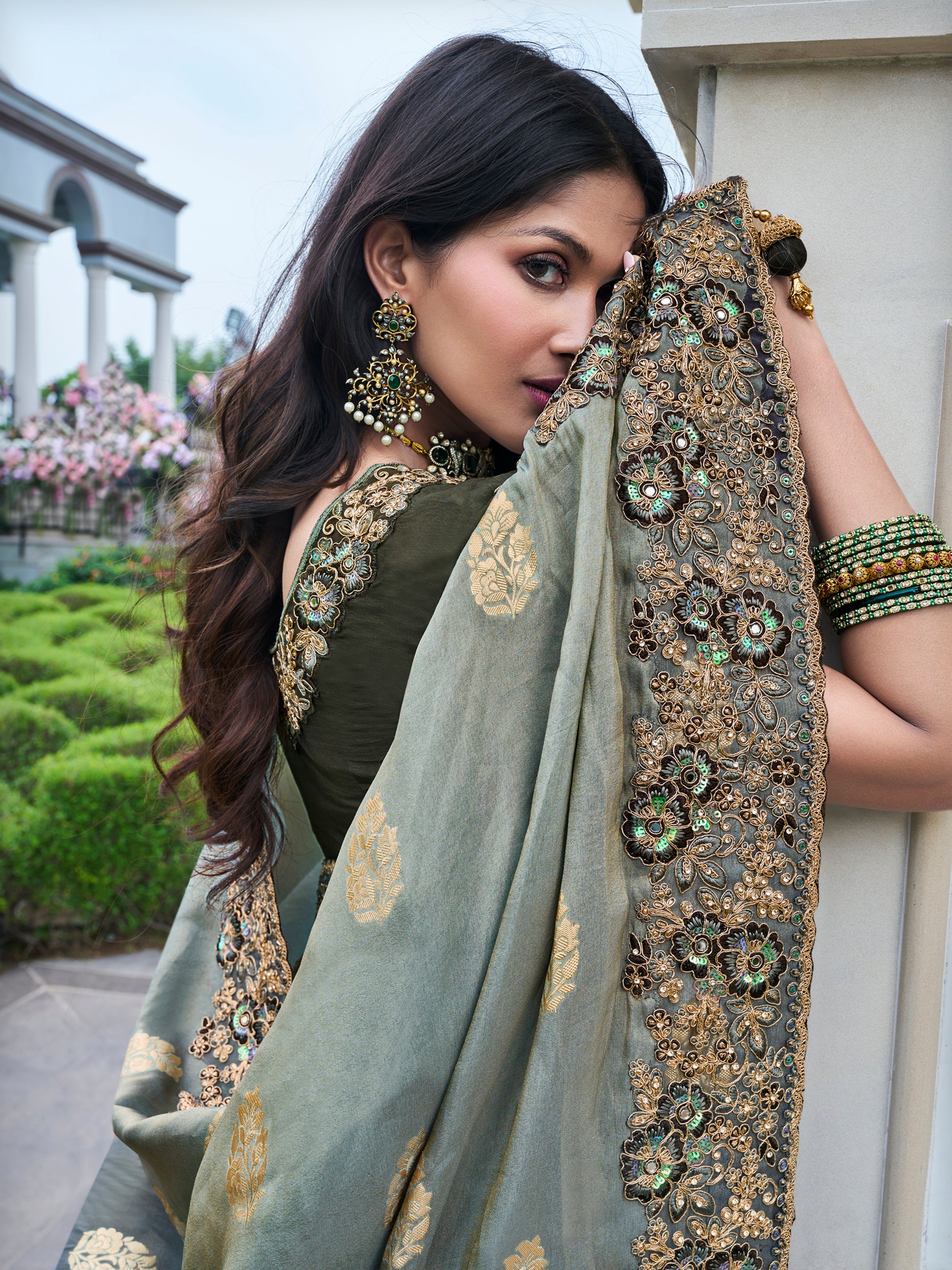Stunning Grey Zari Weaving Organza Festival Wear Saree With Blouse