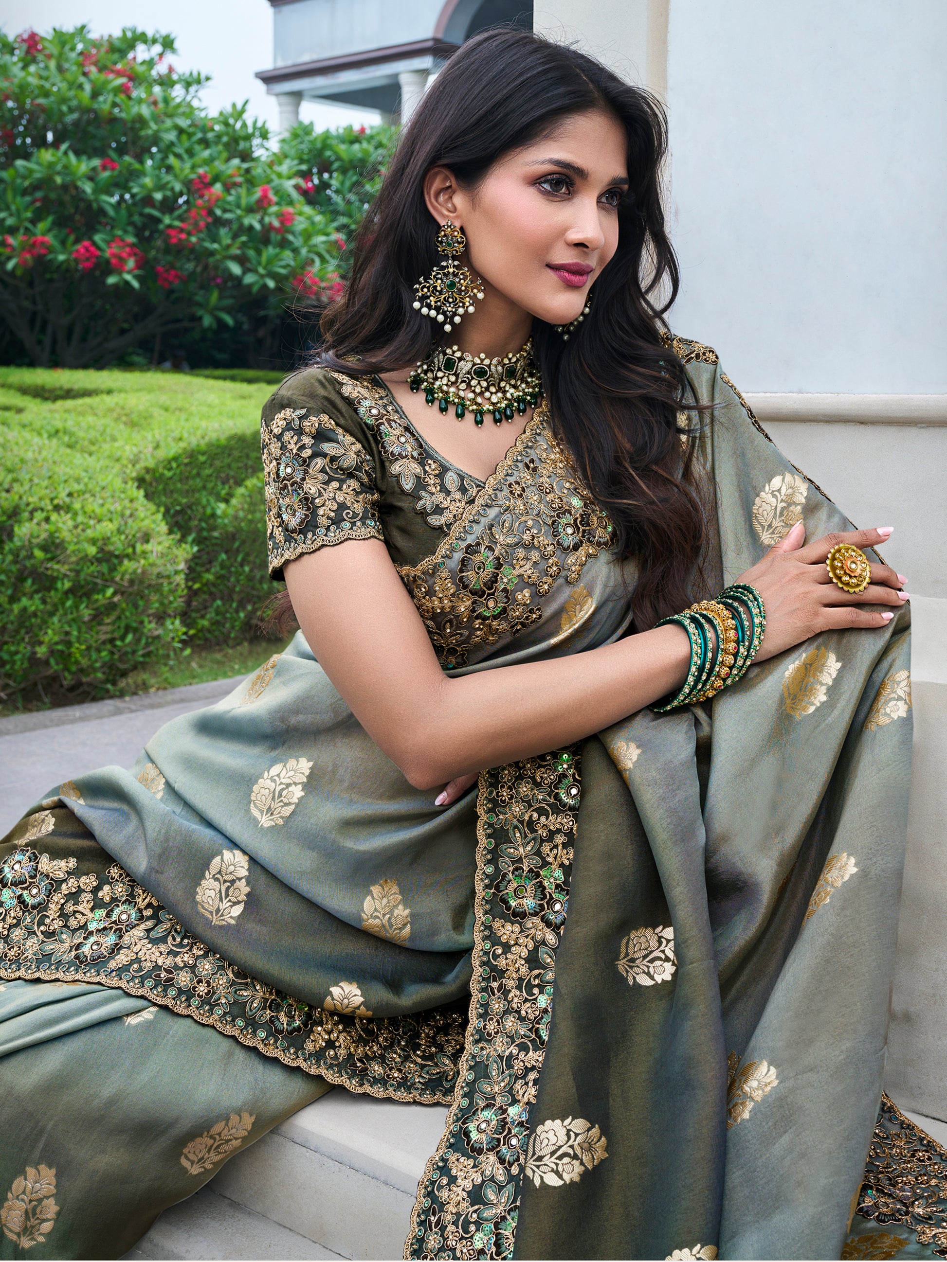 Stunning Grey Zari Weaving Organza Festival Wear Saree With Blouse