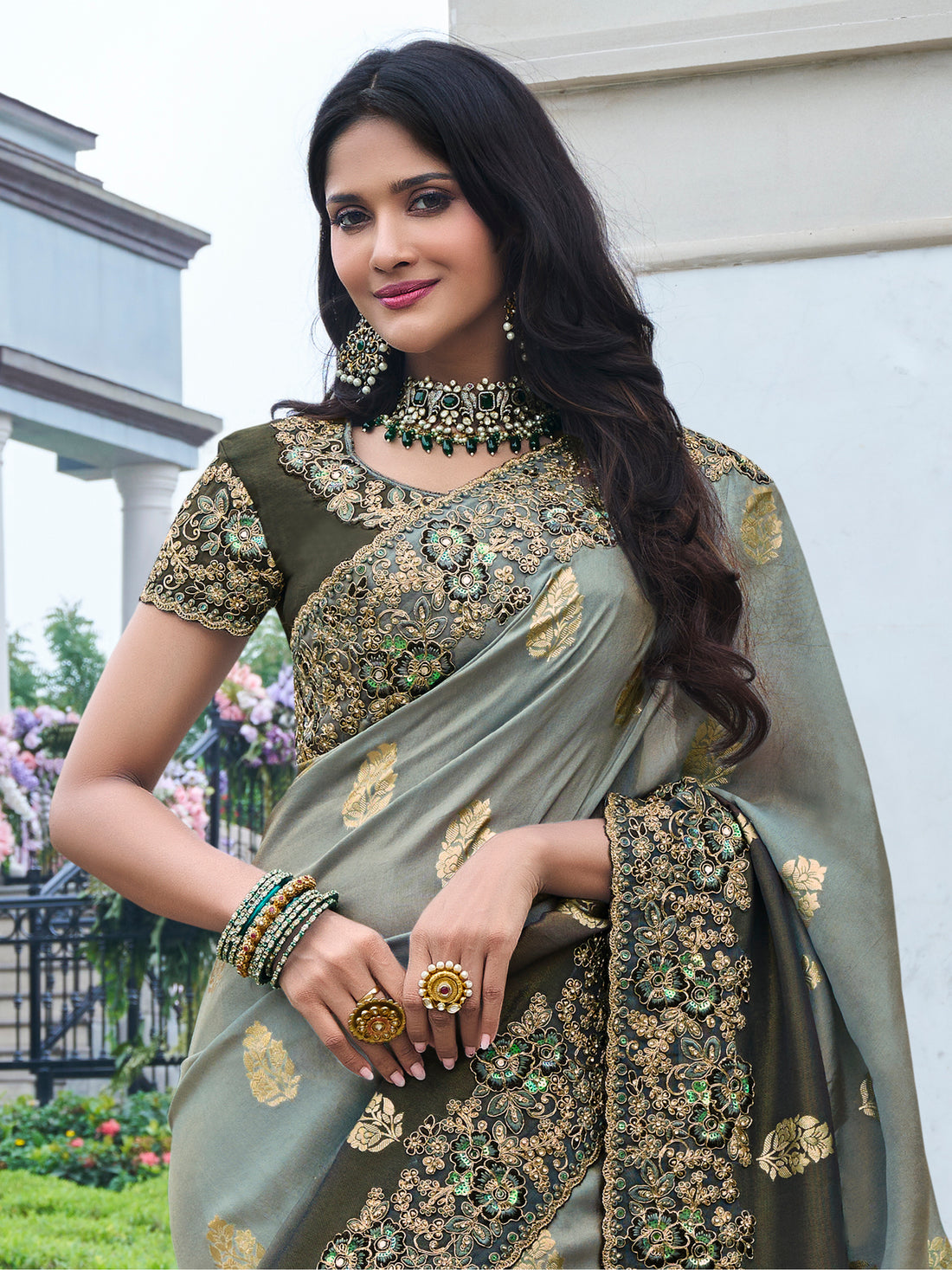Stunning Grey Zari Weaving Organza Festival Wear Saree With Blouse