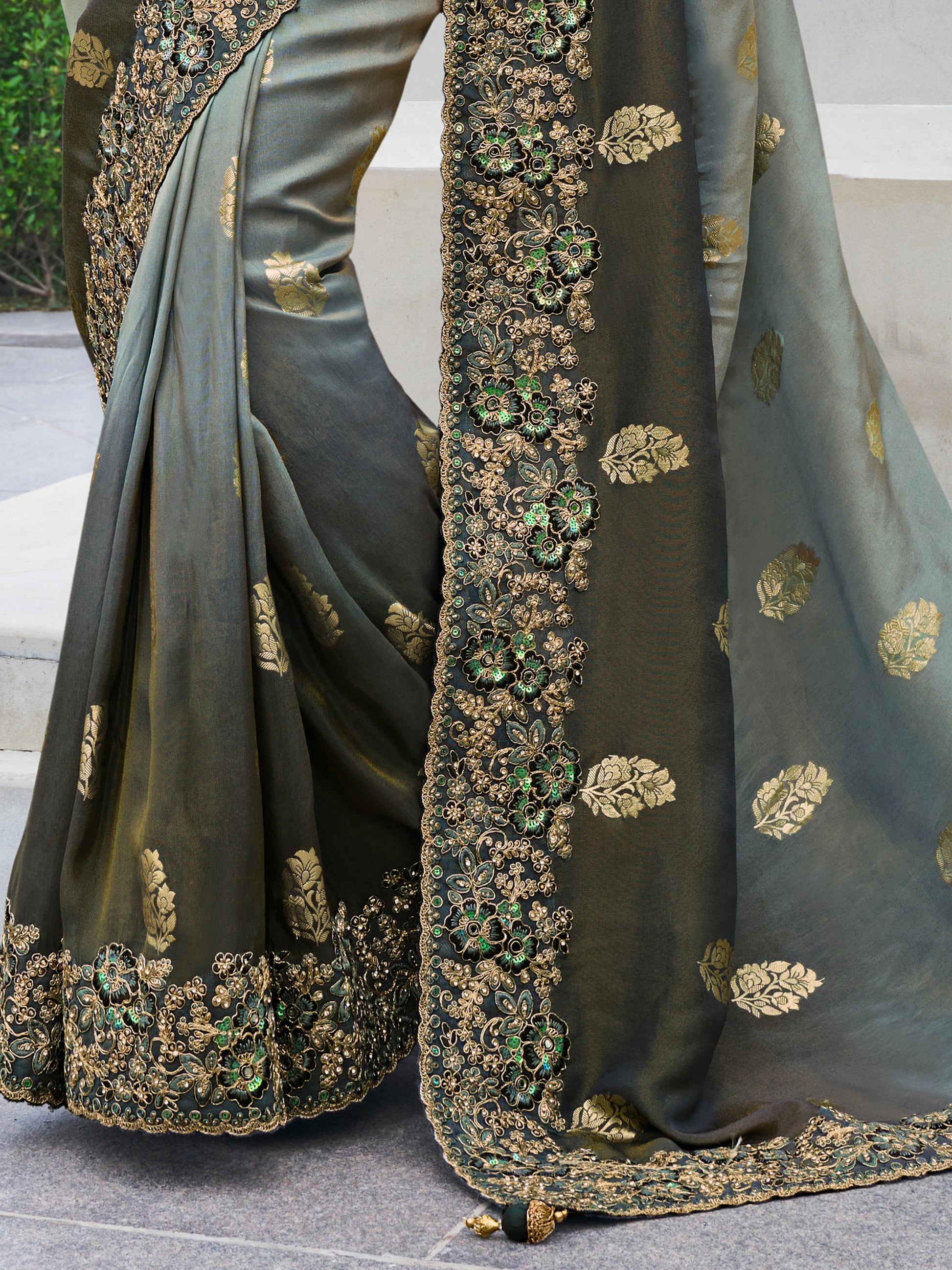 Stunning Grey Zari Weaving Organza Festival Wear Saree With Blouse