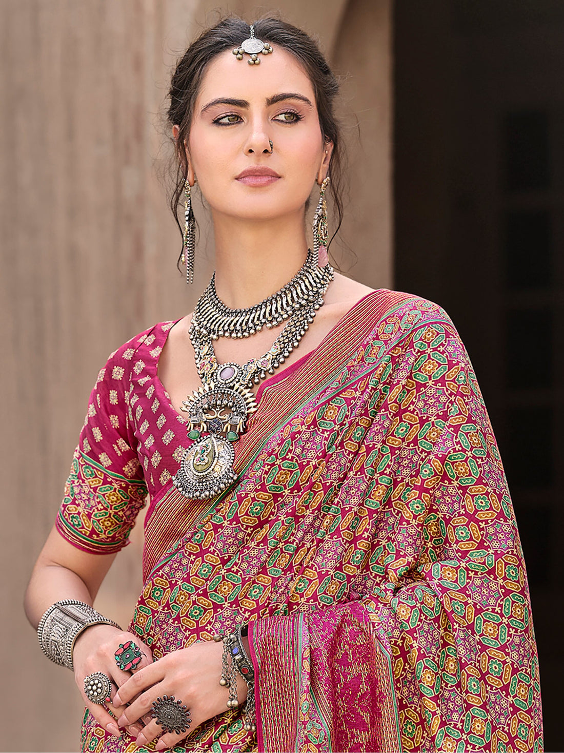 Outstanding Pink Printed Silk Festival Wear Saree With Blouse