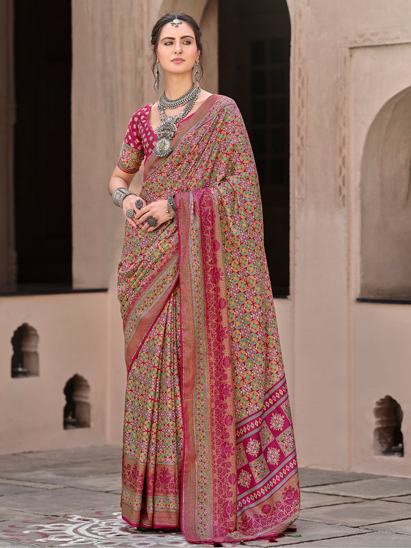 Outstanding Pink Printed Silk Festival Wear Saree With Blouse