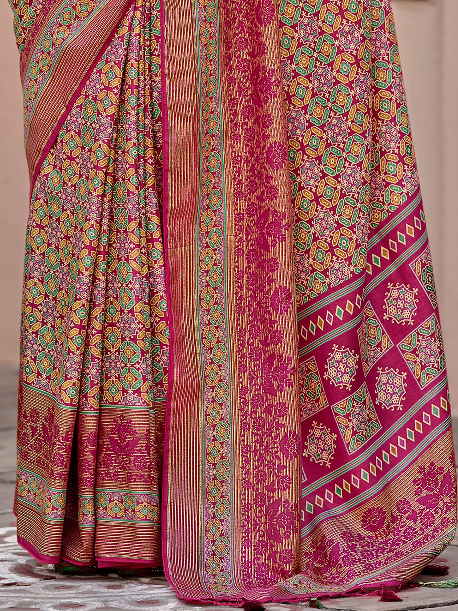Outstanding Pink Printed Silk Festival Wear Saree With Blouse