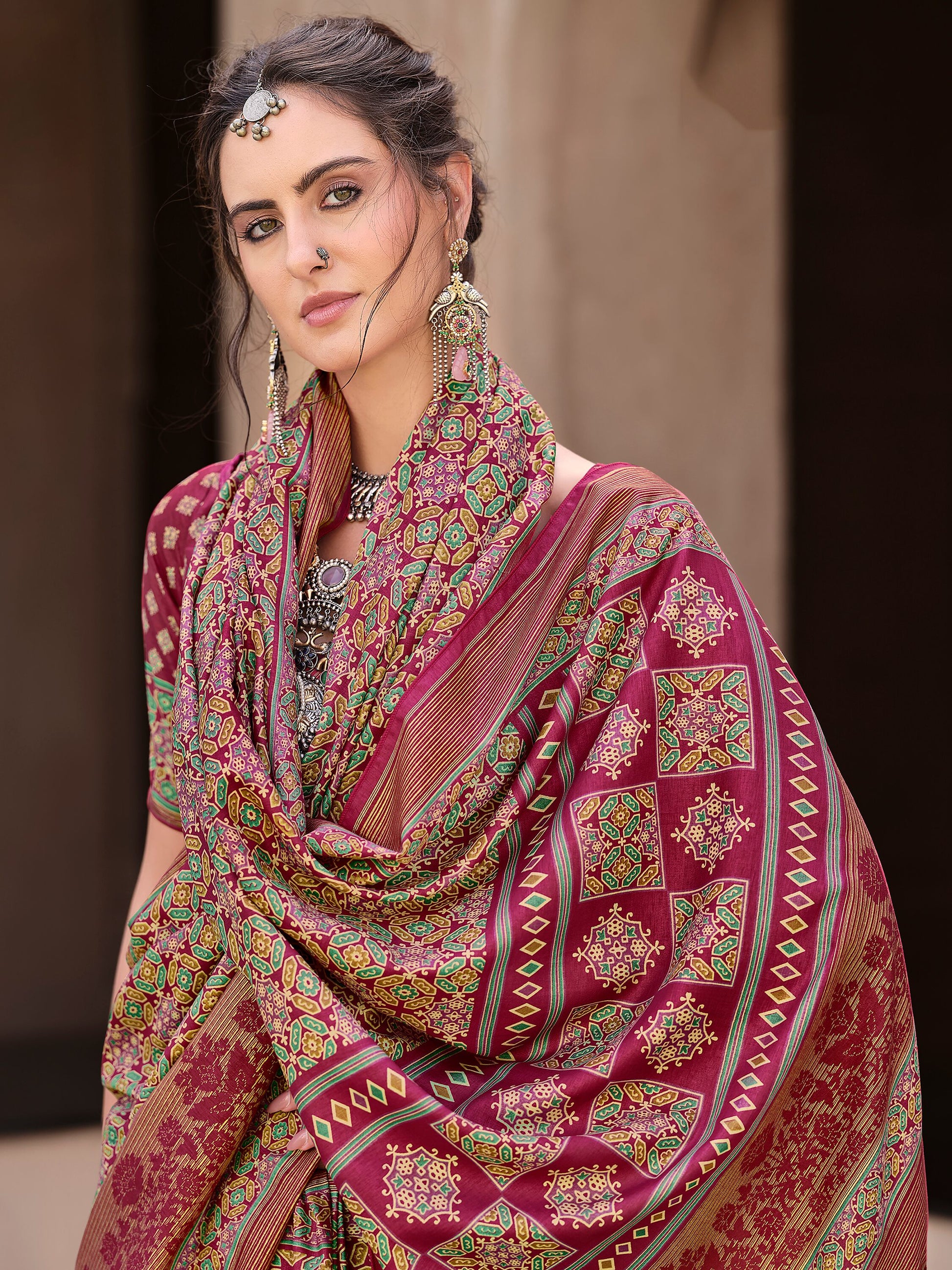Outstanding Pink Printed Silk Festival Wear Saree With Blouse