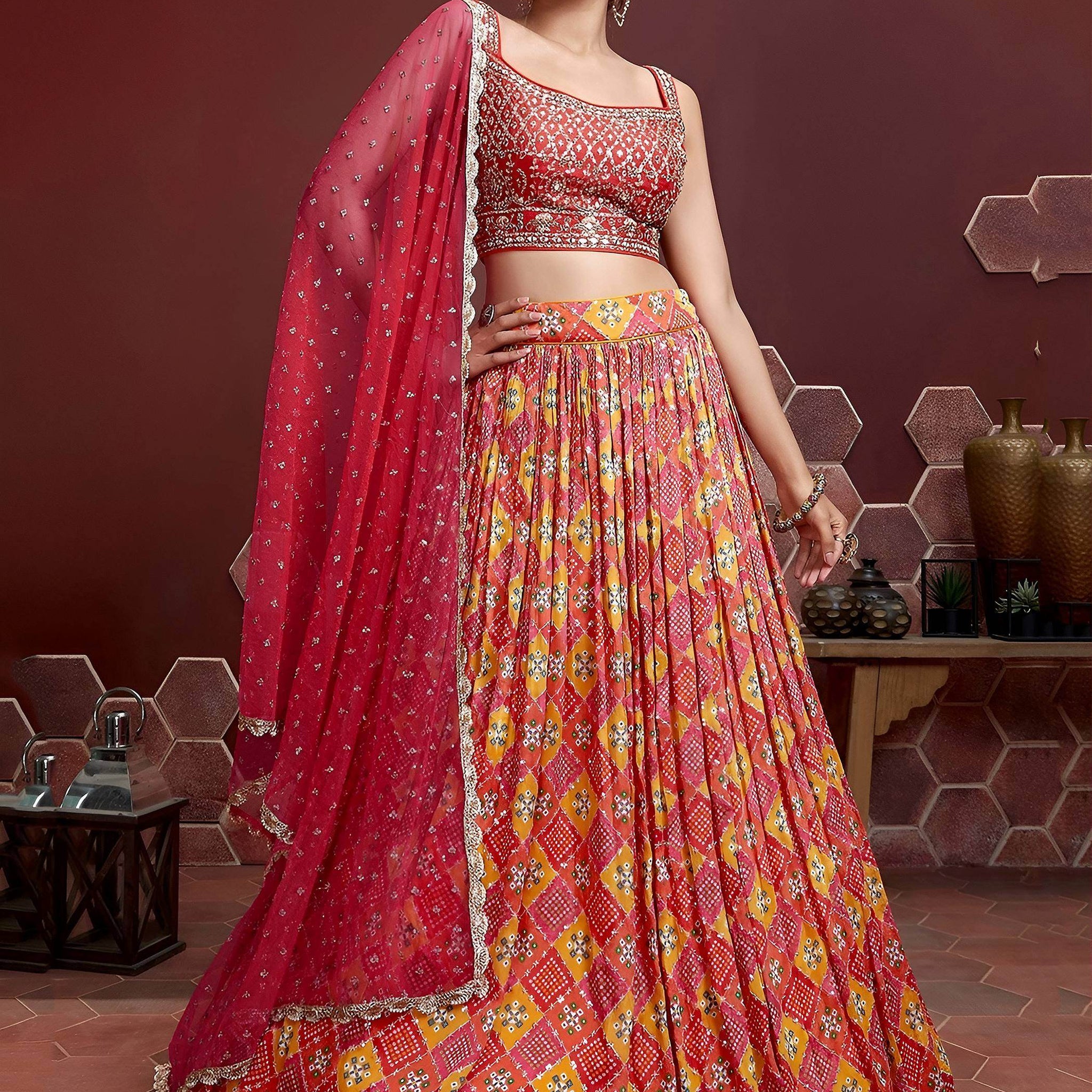 Astonishing Red Sequins Embroidery Chinon Silk Lehenga Choli