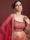 Astonishing Red Sequins Embroidery Chinon Silk Lehenga Choli