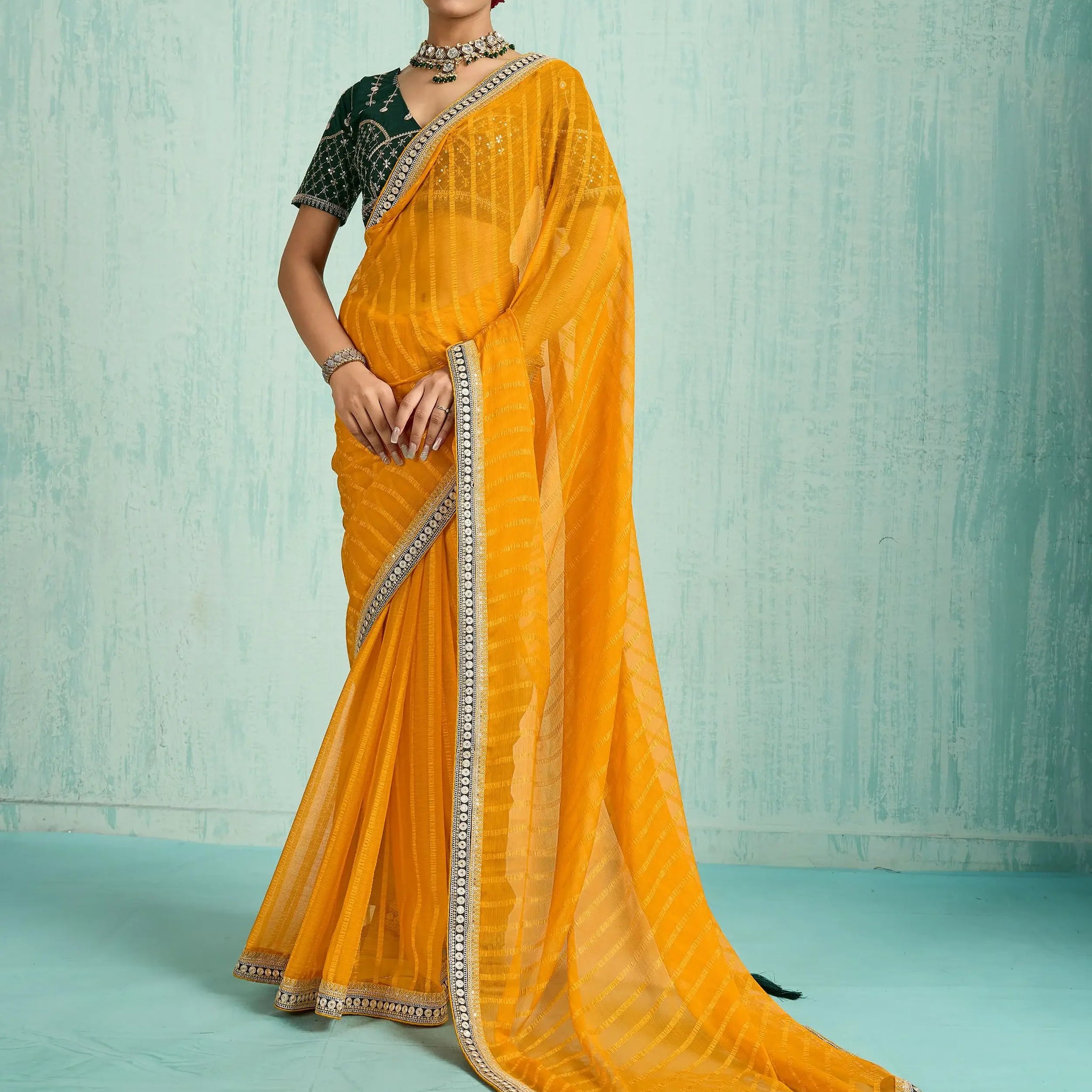 Pretty Yellow Zari Border Work Chiffon Haldi Wear Saree With Blouse