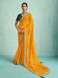 Pretty Yellow Zari Border Work Chiffon Haldi Wear Saree With Blouse