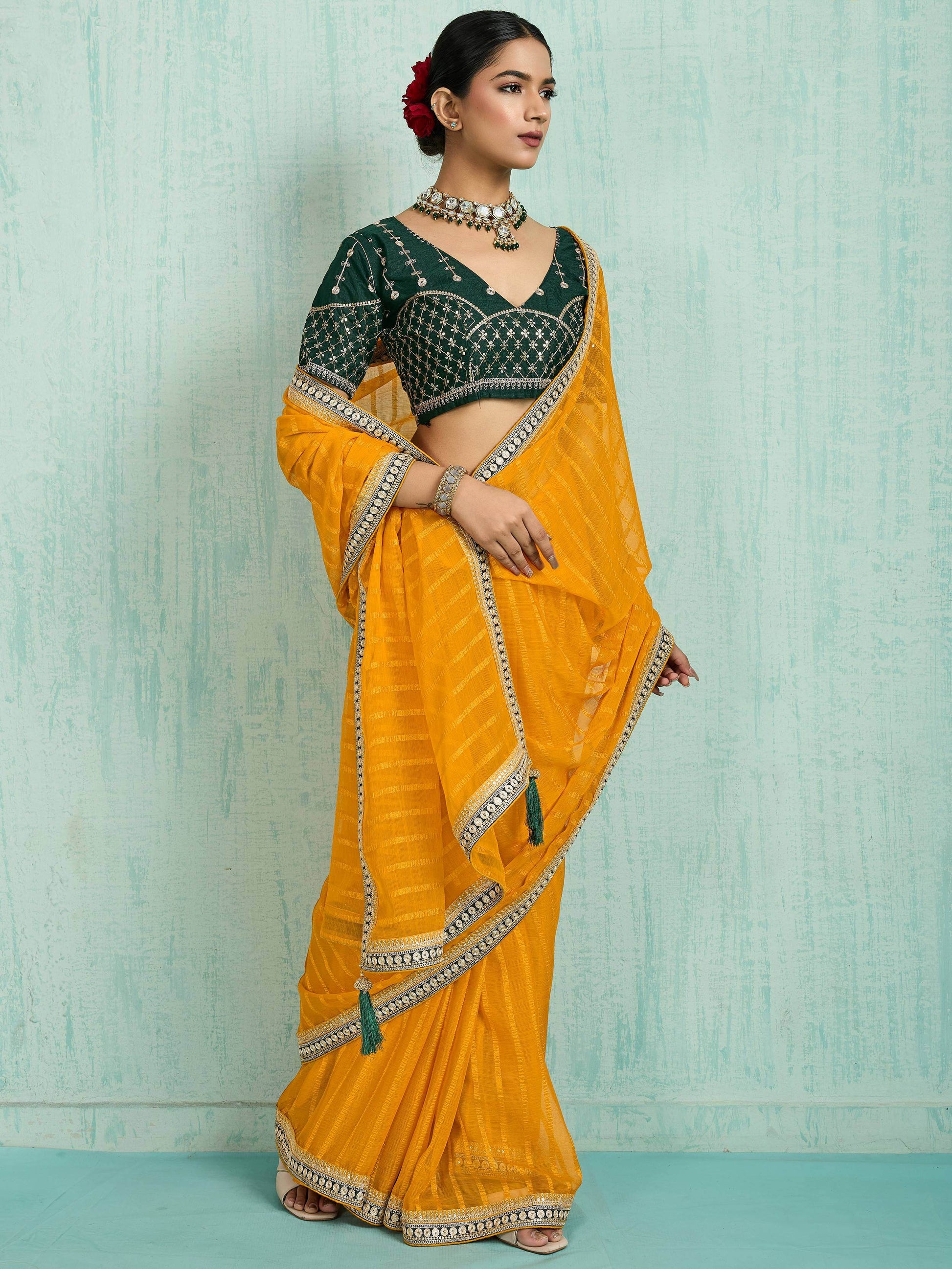 Pretty Yellow Zari Border Work Chiffon Haldi Wear Saree With Blouse