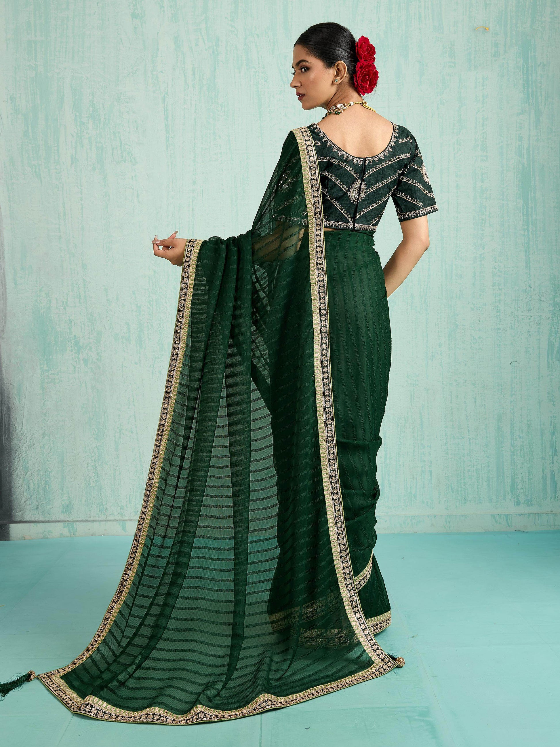Fantastic Bottle Green Border Work Chiffon Mehendi Wear Saree With Blouse