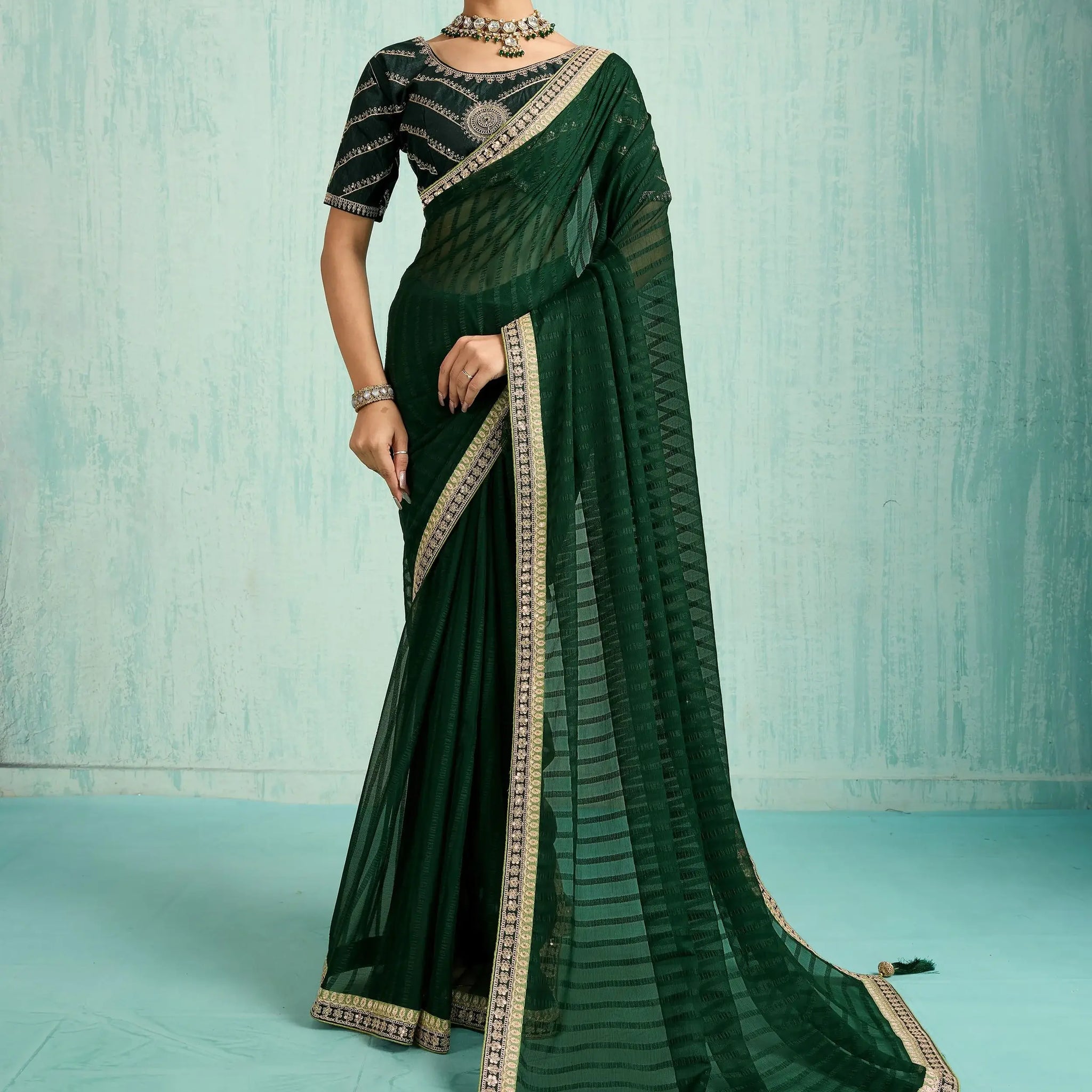 Fantastic Bottle Green Border Work Chiffon Mehendi Wear Saree With Blouse