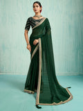 Fantastic Bottle Green Border Work Chiffon Mehendi Wear Saree With Blouse