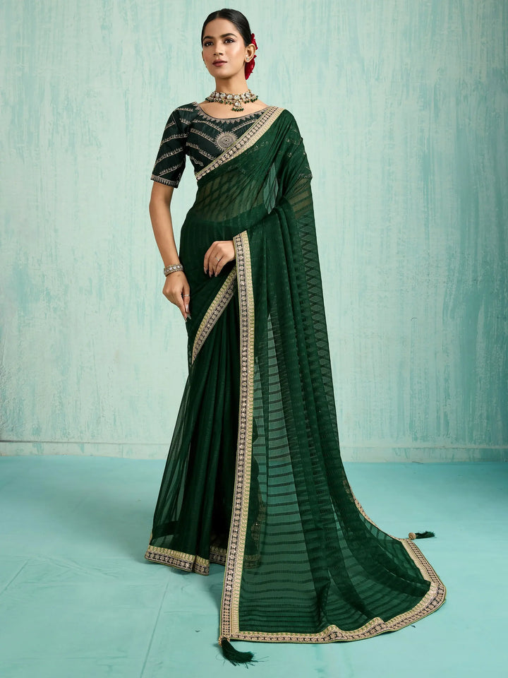 Fantastic Bottle Green Border Work Chiffon Mehendi Wear Saree With Blouse