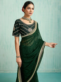 Fantastic Bottle Green Border Work Chiffon Mehendi Wear Saree With Blouse