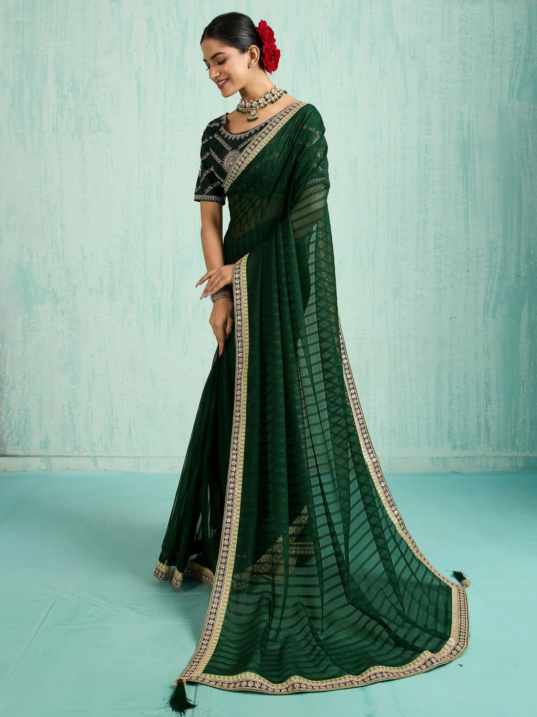 Fantastic Bottle Green Border Work Chiffon Mehendi Wear Saree With Blouse