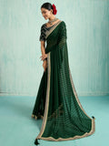 Fantastic Bottle Green Border Work Chiffon Mehendi Wear Saree With Blouse