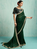 Fantastic Bottle Green Border Work Chiffon Mehendi Wear Saree With Blouse