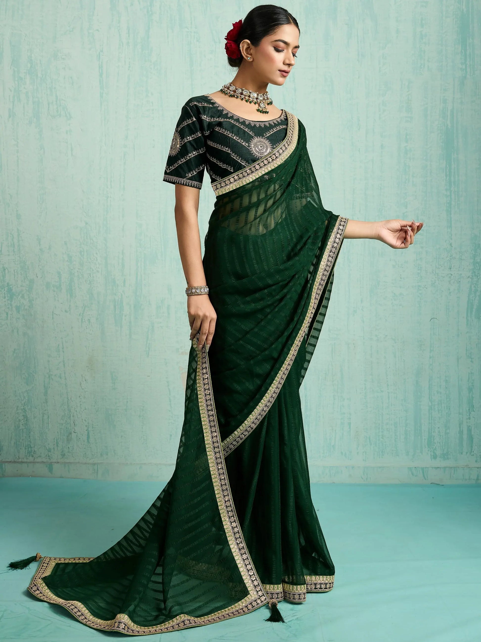 Fantastic Bottle Green Border Work Chiffon Mehendi Wear Saree With Blouse