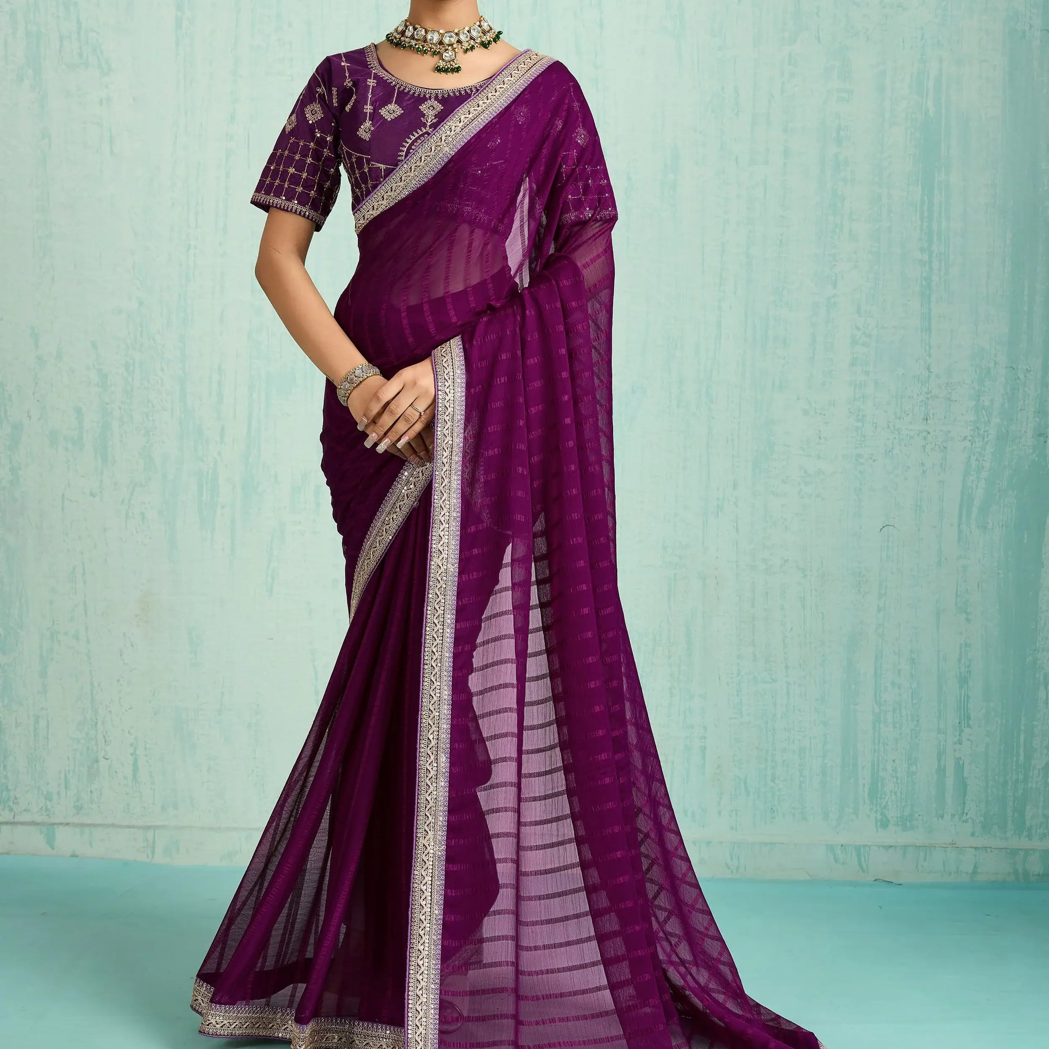 Awesome Purple Sequins Border Chiffon Wedding Wear Saree With Blouse