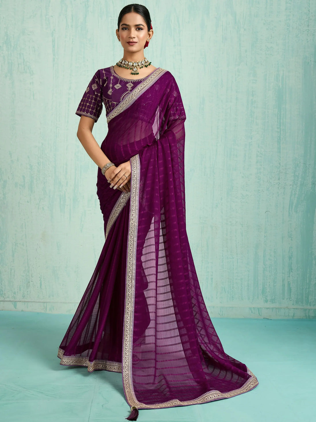 Awesome Purple Sequins Border Chiffon Wedding Wear Saree With Blouse