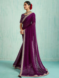 Awesome Purple Sequins Border Chiffon Wedding Wear Saree With Blouse