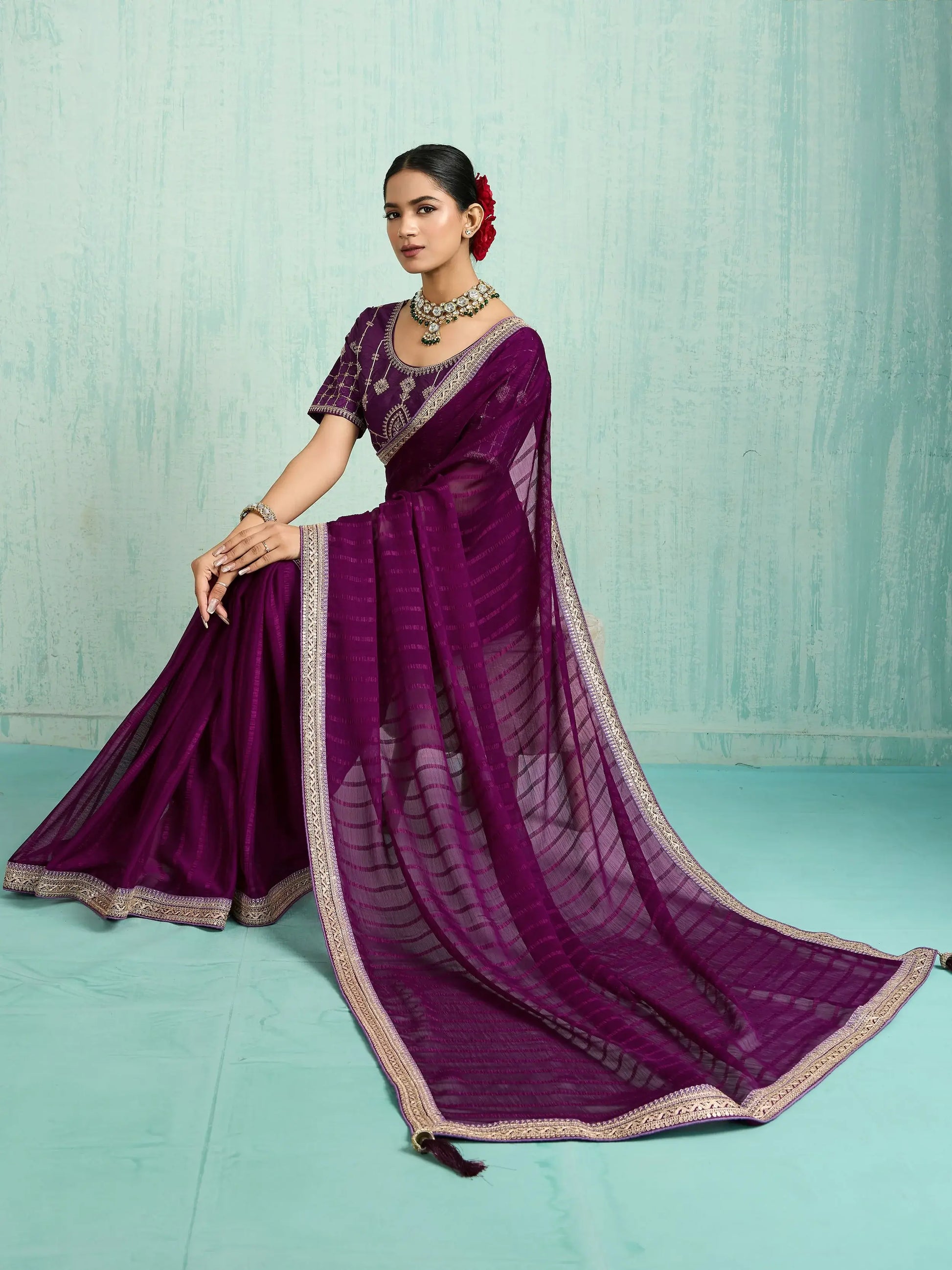 Awesome Purple Sequins Border Chiffon Wedding Wear Saree With Blouse