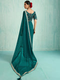 Stylish Teal Green Border Work Chiffon Designer Saree With Blouse