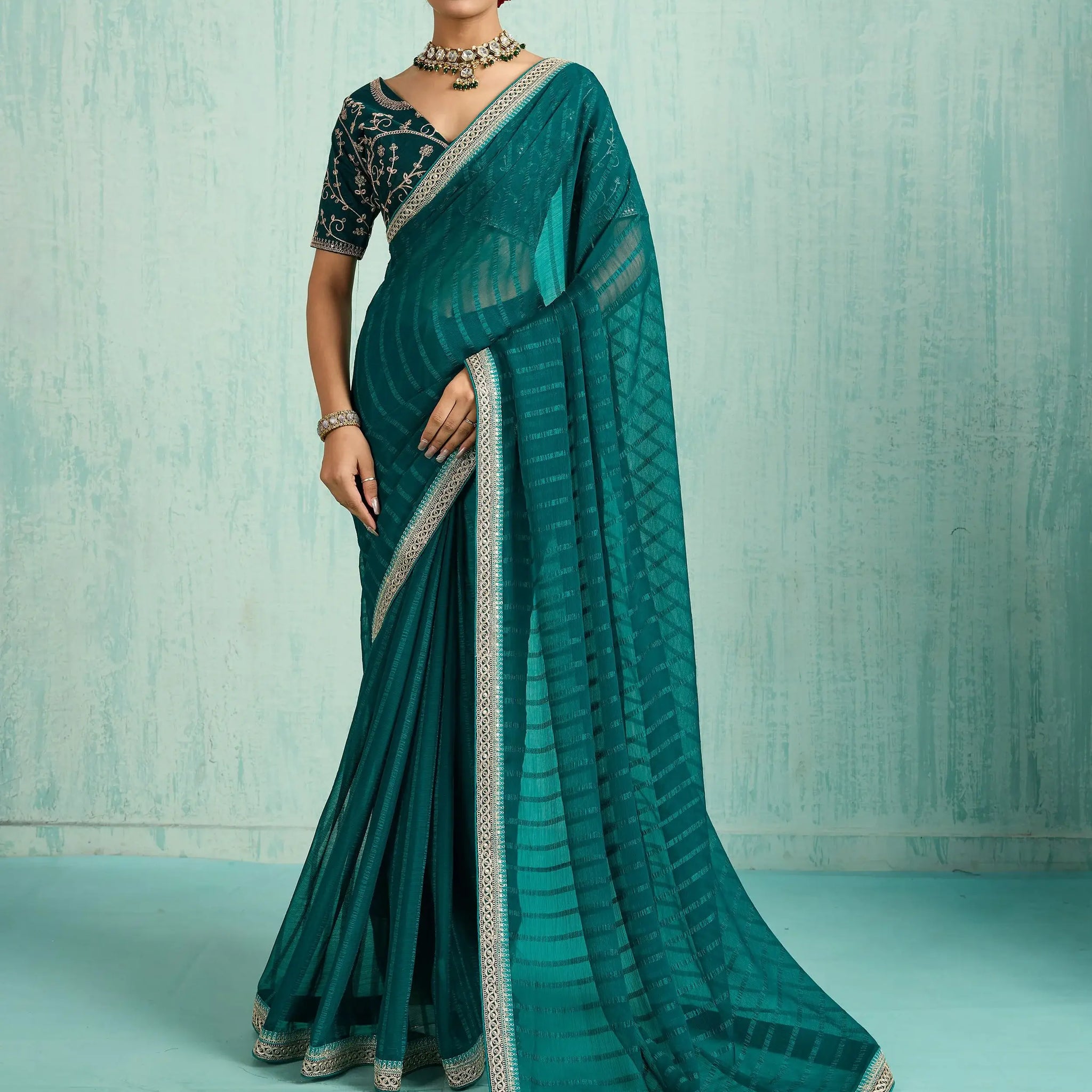 Stylish Teal Green Border Work Chiffon Designer Saree With Blouse