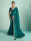 Stylish Teal Green Border Work Chiffon Designer Saree With Blouse