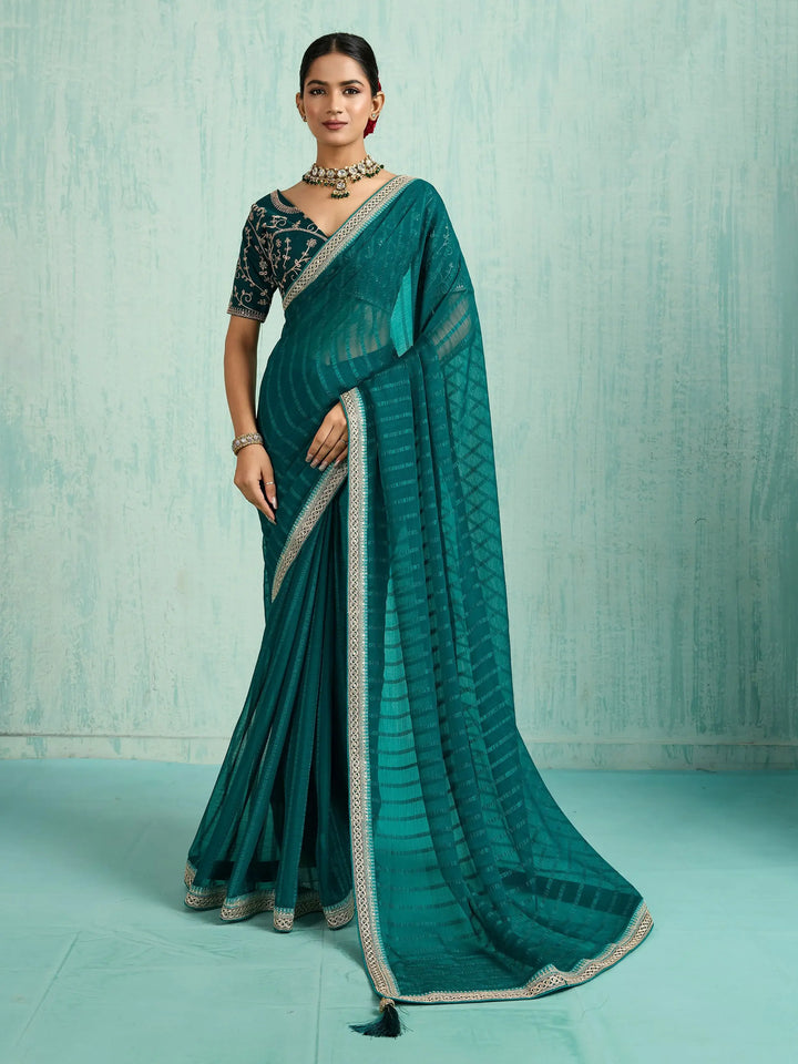 Stylish Teal Green Border Work Chiffon Designer Saree With Blouse