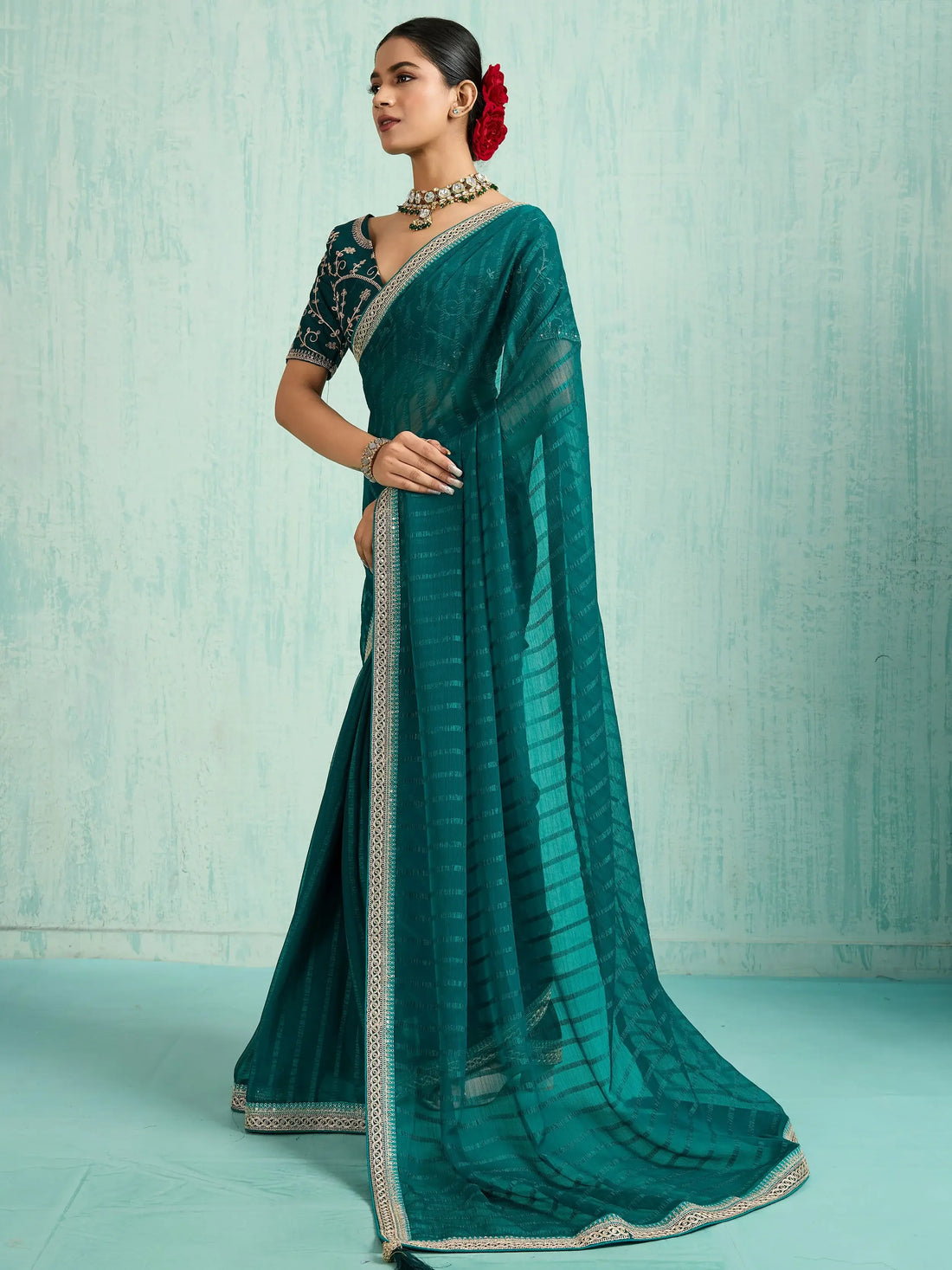 Stylish Teal Green Border Work Chiffon Designer Saree With Blouse