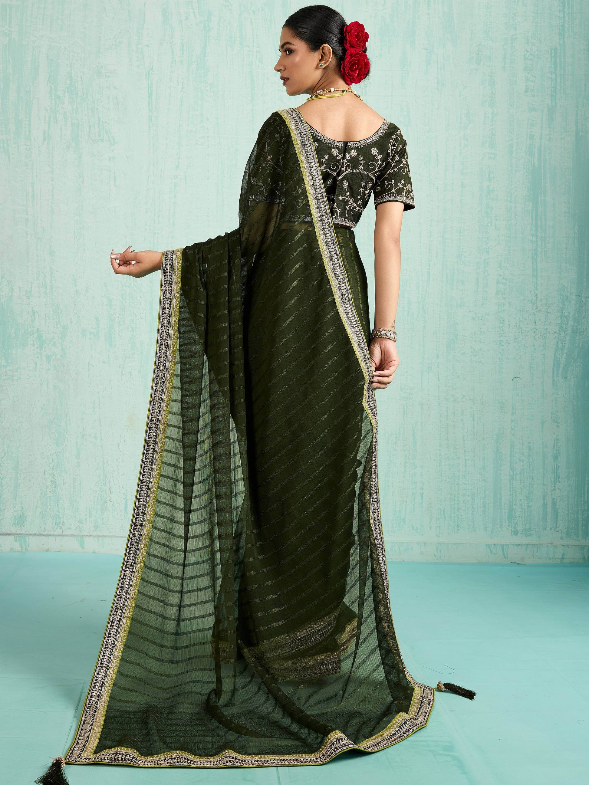 Stunning Olive Green Embroidery Border Chiffon Event Wear Saree With Blouse