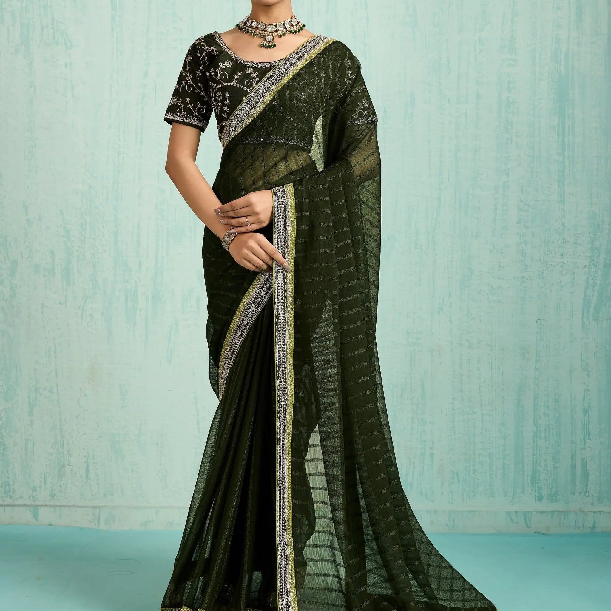 Stunning Olive Green Embroidery Border Chiffon Event Wear Saree With Blouse
