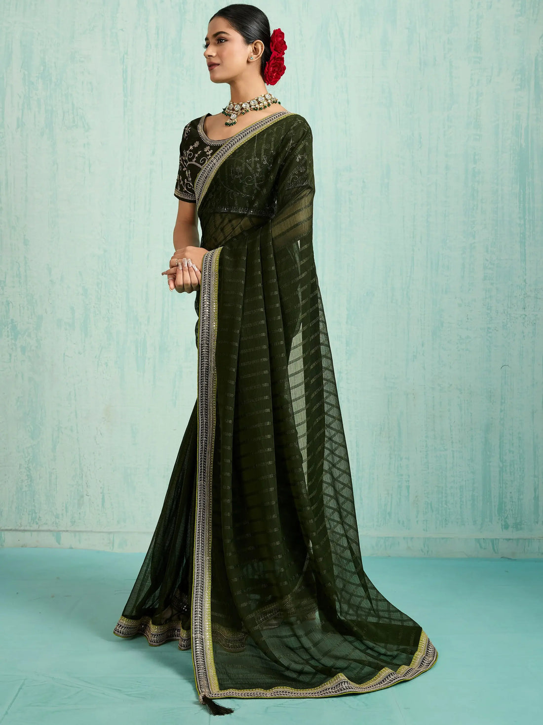 Stunning Olive Green Embroidery Border Chiffon Event Wear Saree With Blouse